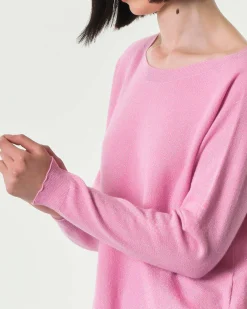 Maglia rosa bubble in misto viscosa con inserti in lurex oro e scollo a barchetta