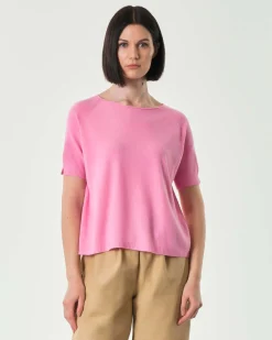 Maglia rosa bubble in misto viscosa a maniche corte con spacchetto sul fondo posteriore