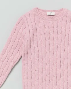 Maglia rosa girocollo in pura lana con lavorazione a trecce