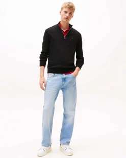Maglia Tommy Jeans nera in puro cotone con apertura a mezza zip
