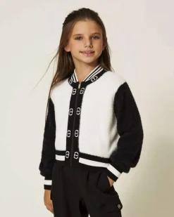 Maglia Twinset bianca e nera effetto pelosetto con zip e loghi monogram