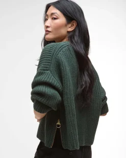 Maglia verde Barbour modello Lilian a coste in lana merino con spacchi laterali e chiusura a cernirea
