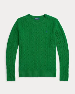 Maglia verde brillante girocollo in lana e cashmere a trecce con logo ricamato a contrasto di colore
