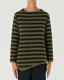 Maglia verde e nera a righe in cotone stretch con collo a cratere e fondo a punte