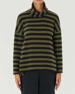 Maglia verde e nera con motivo a righe in cotone stretch con collo a ciambella