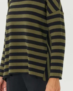 Maglia verde e nera con motivo a righe in cotone stretch con collo a ciambella