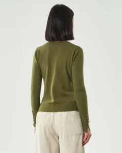 Maglia verde militare Hlo! in misto viscosa con polsini alti lavorati a costine con bottoncini in metallo satinato