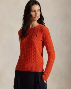 Maglioncino arancione Polo Ralph Lauren in lana e cashmere a trecce con scollo a giro e logo ricamato sul petto