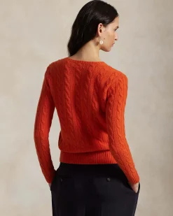 Maglioncino arancione Polo Ralph Lauren in lana e cashmere a trecce con scollo a giro e logo ricamato sul petto