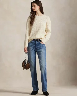 Maglioncino avorio Polo Ralph Lauren in lana e cashmere a trecce con scollo a giro e logo ricamato sul petto