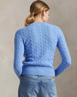 Maglioncino azzurra Polo Ralph Lauren in lana e cashmere a trecce con scollo a giro e logo ricamato sul petto