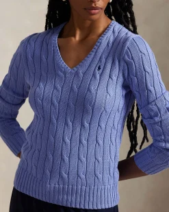 Maglioncino azzurra Polo Ralph Lauren in pima cotton a trecce con scollo a V e logo ricamato sul petto