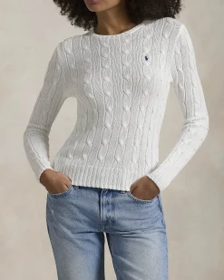 Maglioncino bianco in cotone lavorazione a trecce con logo blu ricamato sul petto