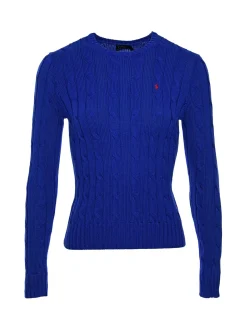 Maglioncino blu China in cotone lavorazione a trecce con logo rosso