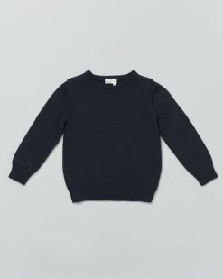 Maglioncino blu girocollo in pura lana merino a costine