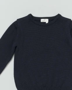 Maglioncino blu girocollo in pura lana merino a costine