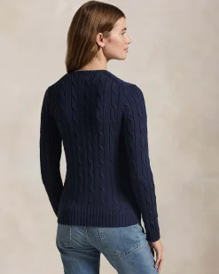Maglioncino blu Polo Ralph Lauren in pima cotton a trecce con scollo a V e logo ricamato sul petto