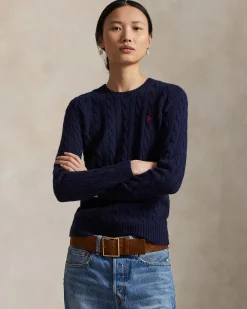 Maglioncino blu Polo Ralph Lauren in lana e cashmere a trecce con scollo a giro e logo ricamato sul petto