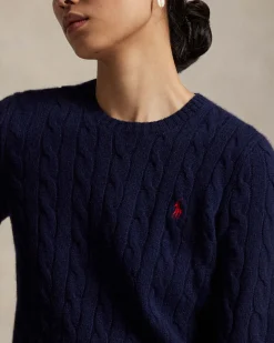 Maglioncino blu Polo Ralph Lauren in lana e cashmere a trecce con scollo a giro e logo ricamato sul petto