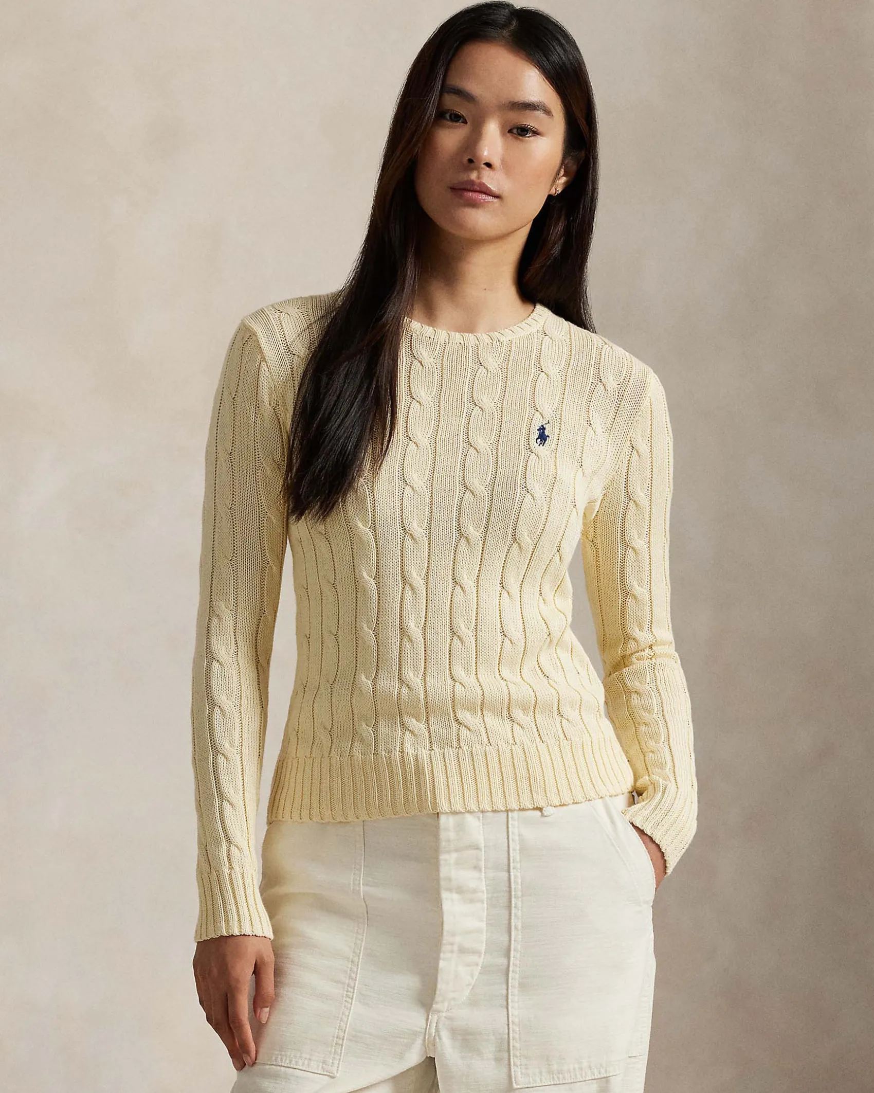 Maglioncino color avorio Polo Ralph Lauren in pima cotton a trecce con logo blu ricamato sul petto