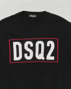Maglioncino Dsquared2 nero in lana con scritta logo rossa e bianca