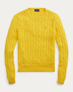Maglioncino giallo in cotone lavorazione a trecce con logo blu