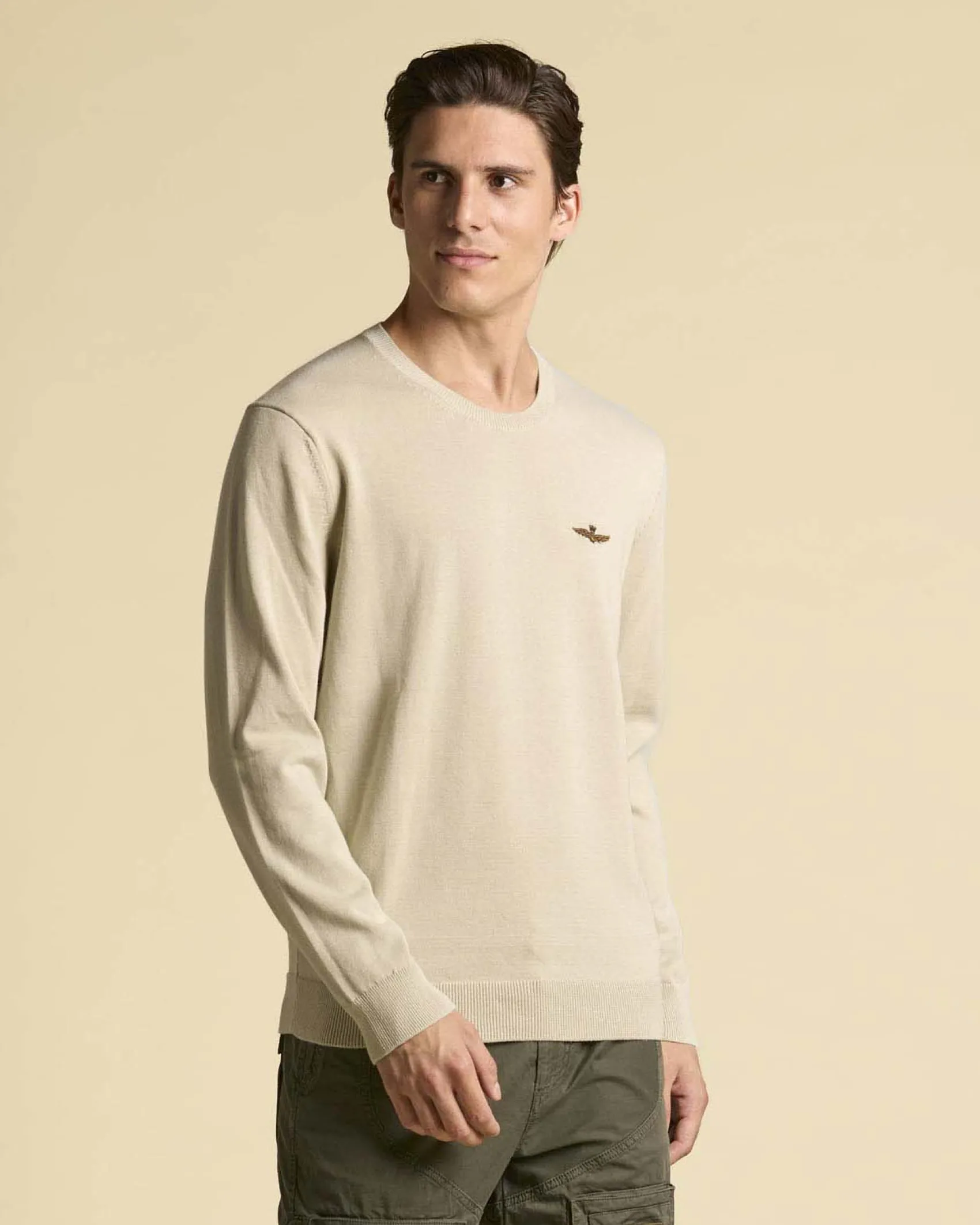 Maglioncino girocollo Aeronautica Militare beige in puro cotone
