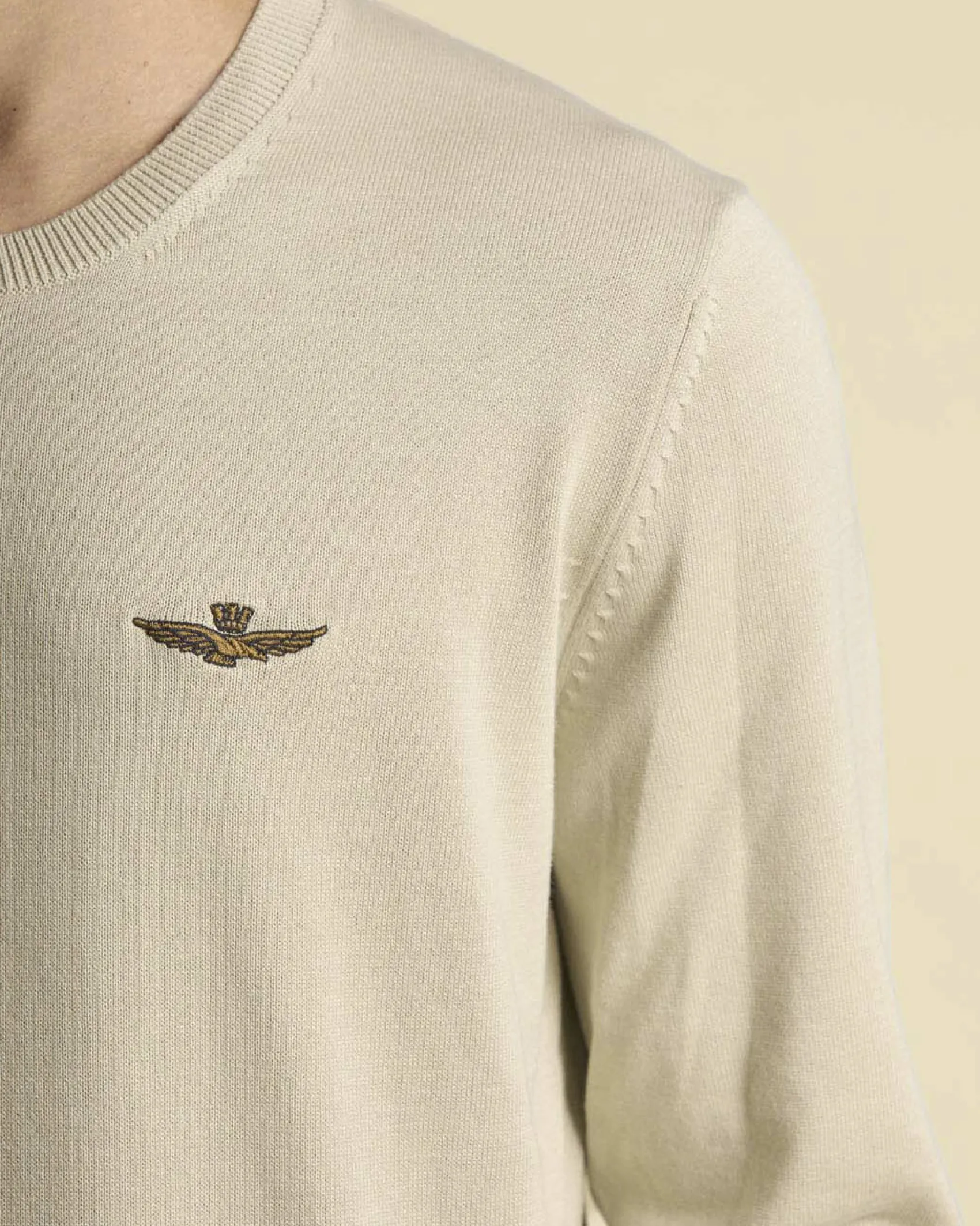 Maglioncino girocollo Aeronautica Militare beige in puro cotone