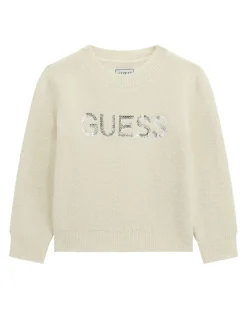 Maglioncino Guess color panna con logo pailettes argento