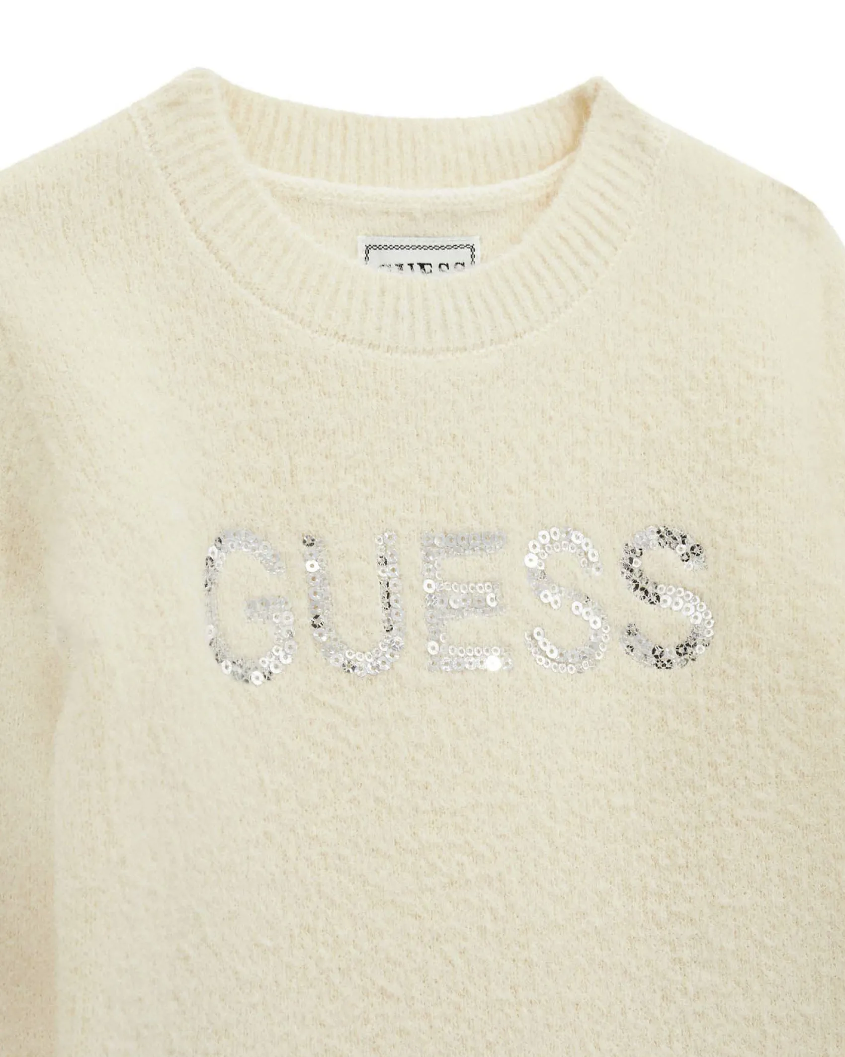Maglioncino Guess color panna con logo pailettes argento