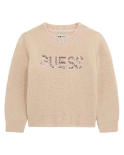 Maglioncino Guess rosa antico in tessuto pelosetto con logo pailettes