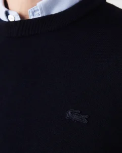 Maglioncino Lacoste blu girocollo in pura lana merinos