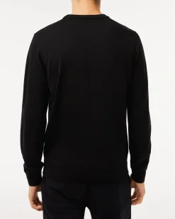 Maglioncino Lacoste nero girocollo in pura lana merinos