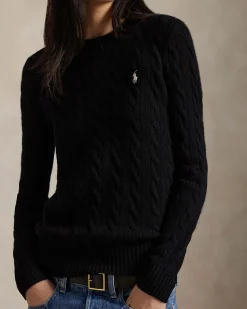 Maglioncino nero Polo Ralph Lauren in lana e cashmere a trecce con scollo a giro e logo ricamato sul petto
