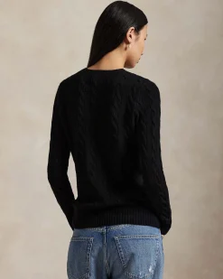 Maglioncino nero Polo Ralph Lauren in lana e cashmere a trecce con scollo a giro e logo ricamato sul petto
