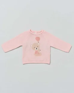 Maglioncino rosa girocollo in pura lana con orsetto jacquard