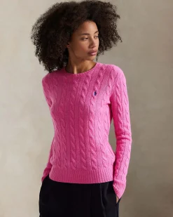 Maglioncino rosa Polo Ralph Lauren in lana e cashmere a trecce con scollo a giro e logo ricamato sul petto
