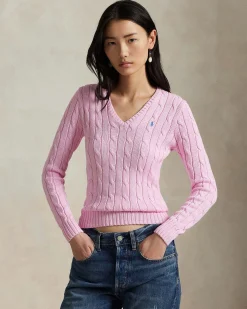 Maglioncino rosa Polo Ralph Lauren in pima cotton a trecce con scollo a V e logo ricamato sul petto