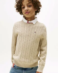 Maglioncino Tommy Hilfiger beige a trecce in puro cotone