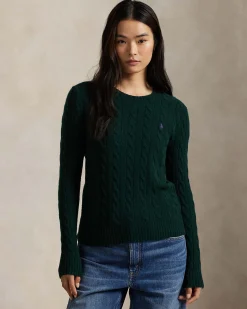 Maglioncino verde scuro Polo Ralph Lauren in lana e cashmere a trecce con scollo a giro e logo ricamato sul petto