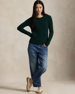 Maglioncino verde scuro Polo Ralph Lauren in lana e cashmere a trecce con scollo a giro e logo ricamato sul petto