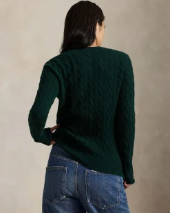 Maglioncino verde scuro Polo Ralph Lauren in lana e cashmere a trecce con scollo a giro e logo ricamato sul petto