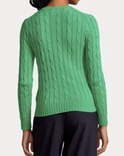 Maglioncino verde smeraldo in cotone lavorazione a trecce con logo blu ricamato