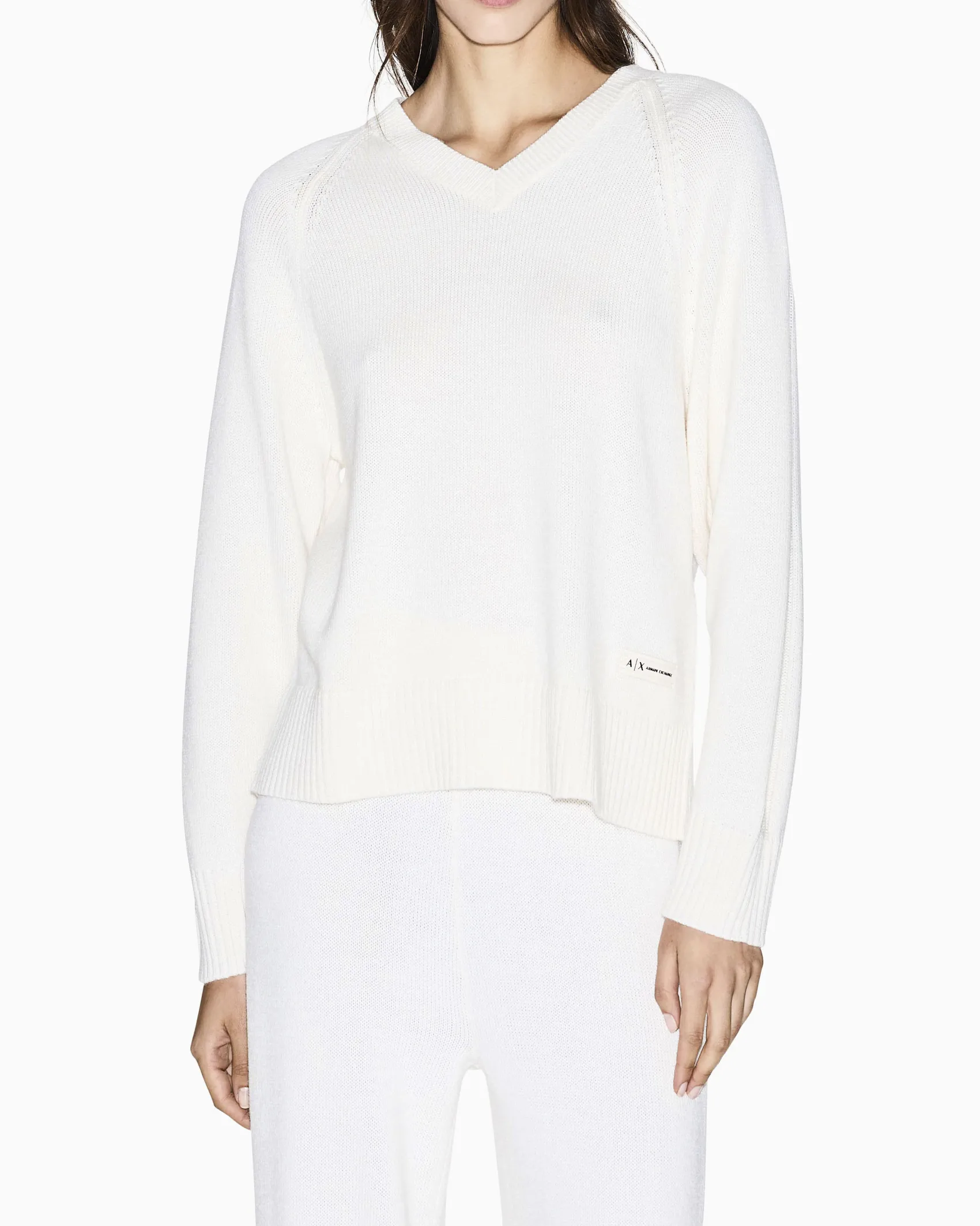 Maglione Armani Exchange bianco in misto lana con scollo a V