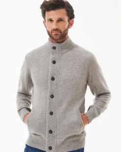 Maglione Barbour beige in pura lana con doppia chiusura zip e bottoni