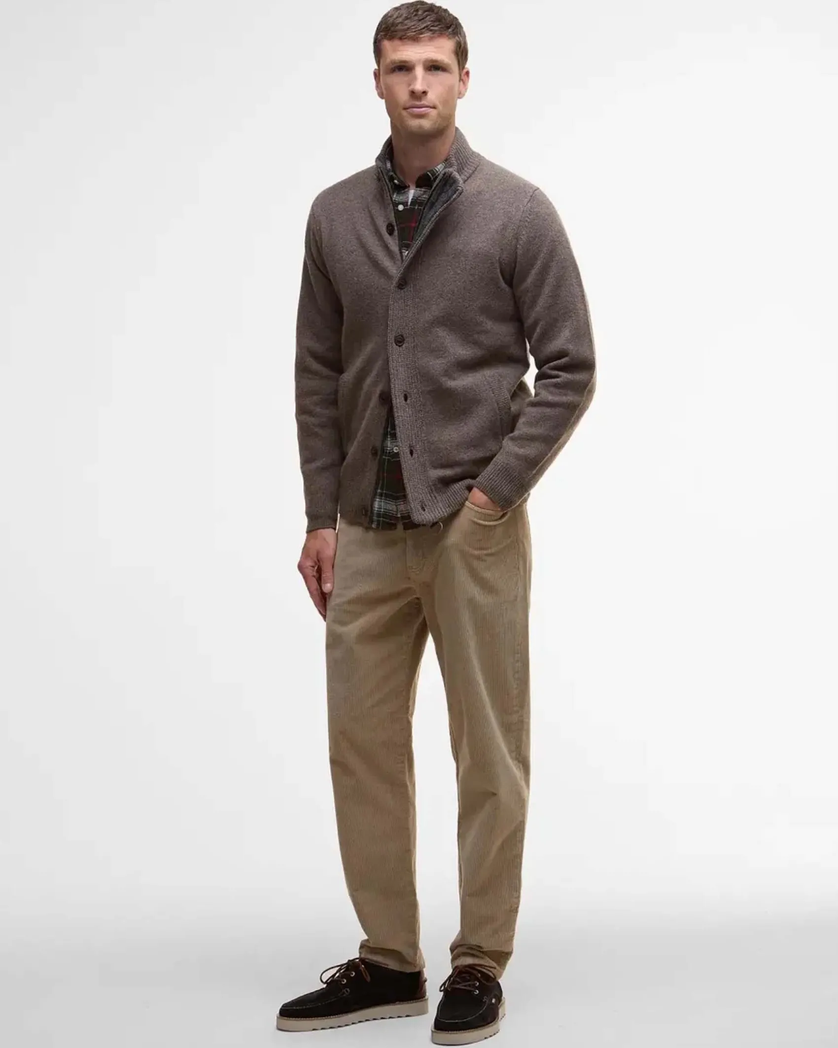 Maglione Barbour color noce in pura lana con doppia chiusura zip e bottoni