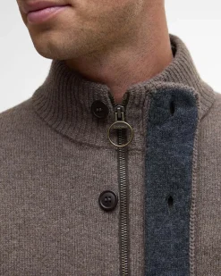 Maglione Barbour color noce in pura lana con doppia chiusura zip e bottoni