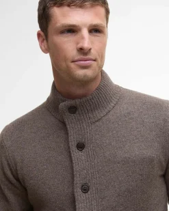 Maglione Barbour color noce in pura lana con doppia chiusura zip e bottoni