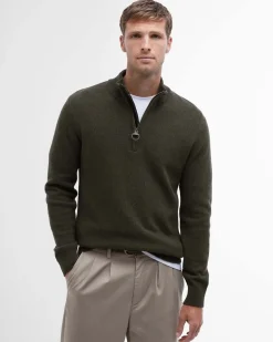 Maglione Barbour verde militare in pura lana con apertura a mezza zip
