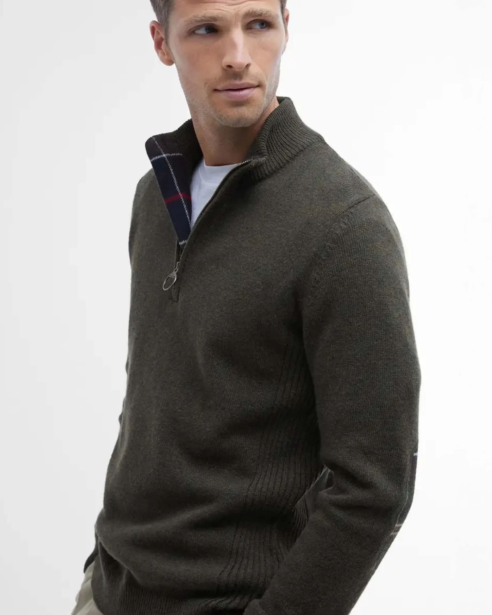 Maglione Barbour verde militare in pura lana con apertura a mezza zip